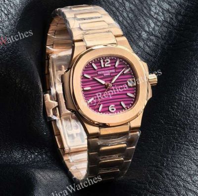 RRR Factory Patek Philippe Nautilus Cal.E 23-250SC Movement 32mm Voilet Lacquered Face Rose Gold Band/Bezel Women Watch